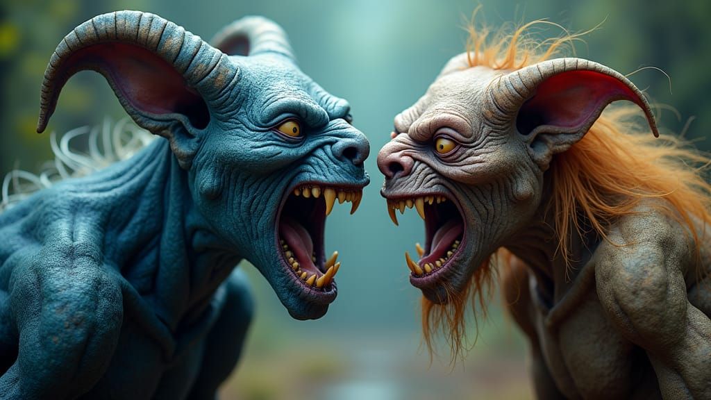 Laughing Blue Demon Potto Argues With Gremlin