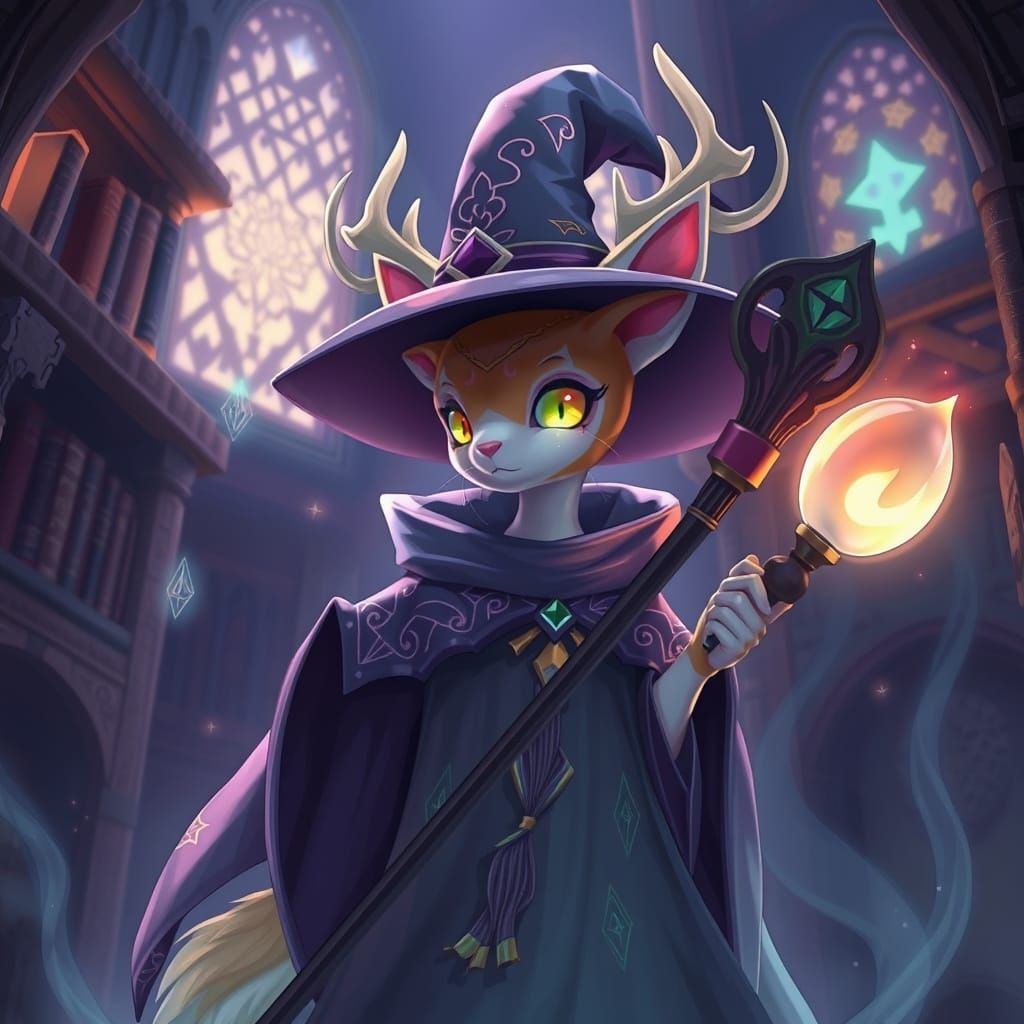 Cat-Deer Witch in Spellbound Tower, Digital Art