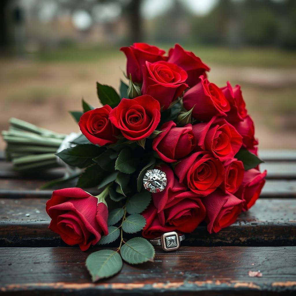 Romantic Engagement Bouquet on Weathered Park Bench