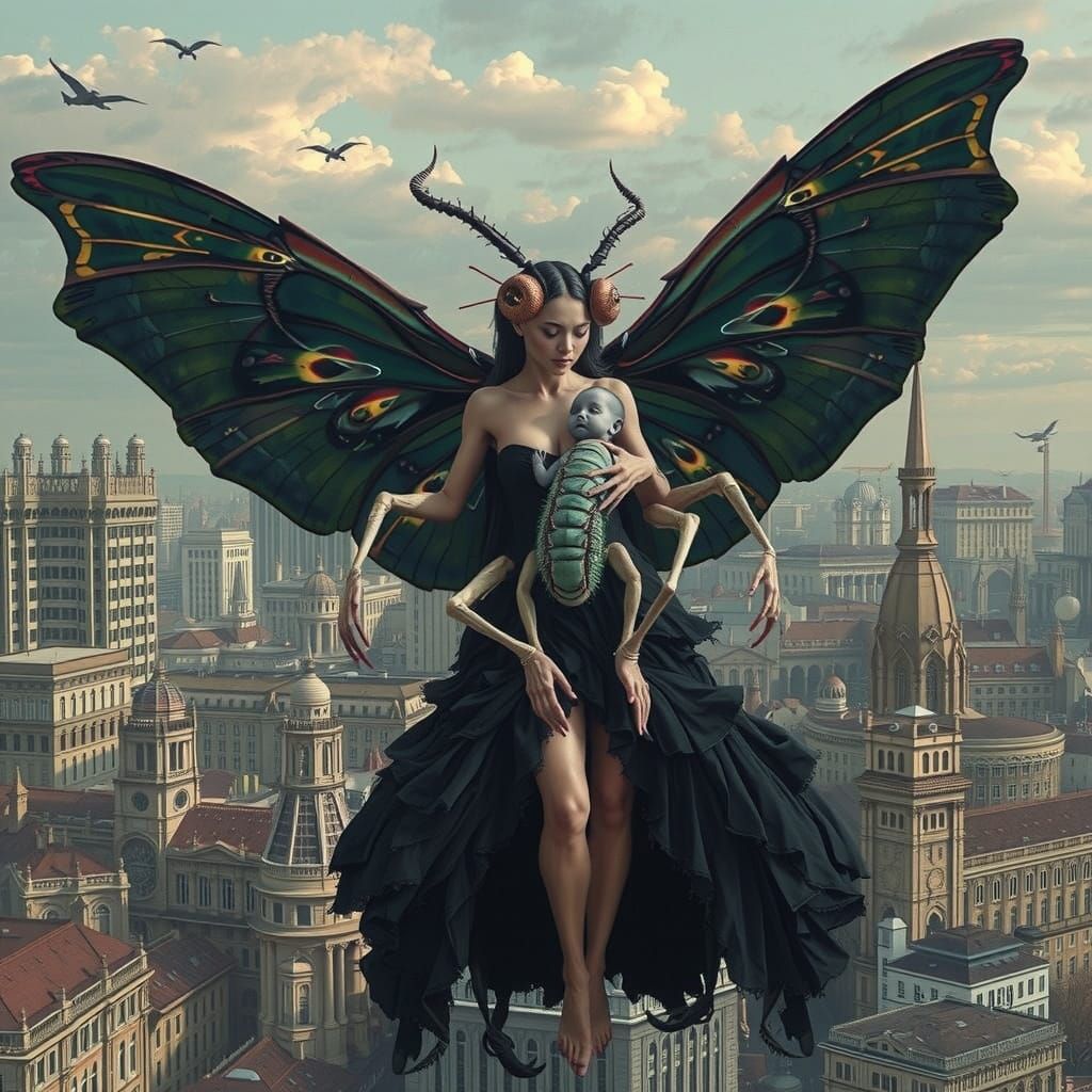Moth Mother Flying Over Gothic Cityscape