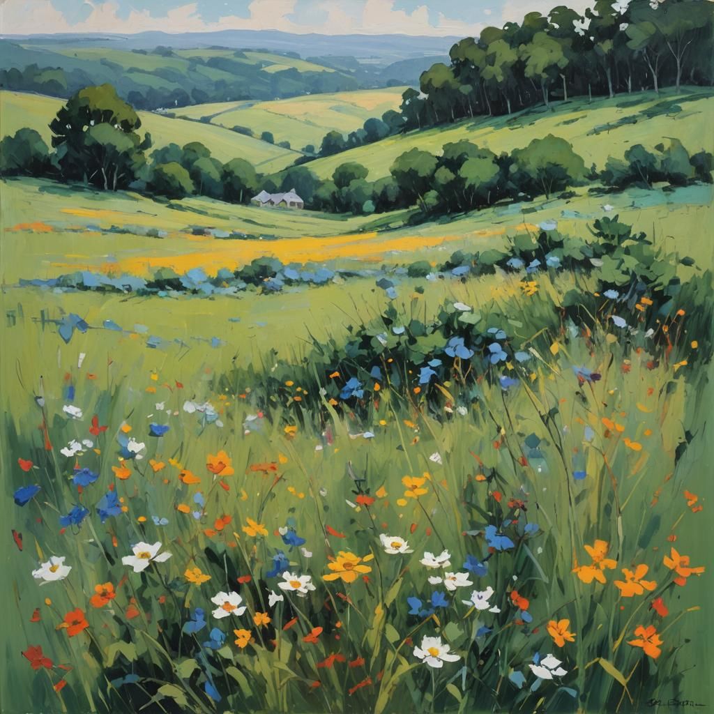 Hilly Meadow Minimalism in Oil Painting Style