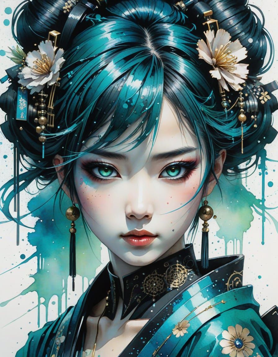 Anime Cyberpunk Geisha Portrait with Teal Highlights