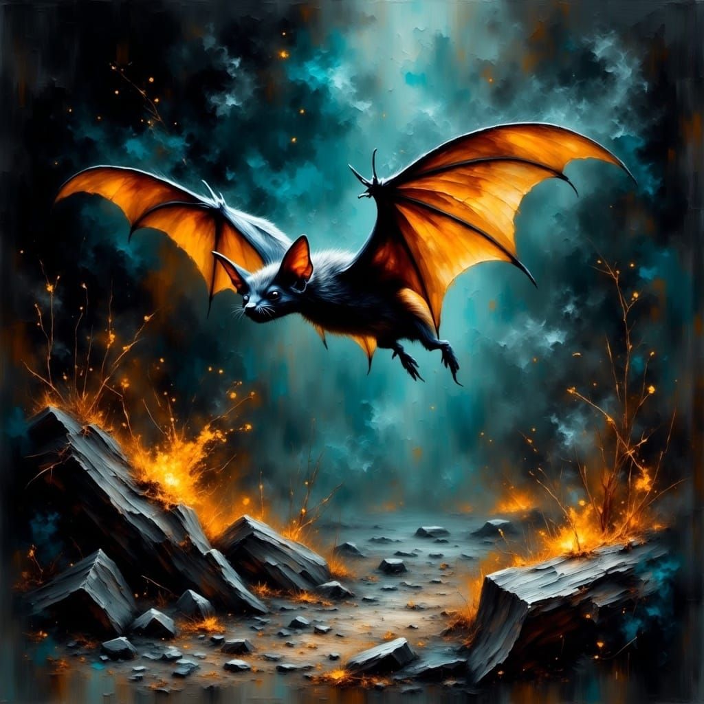 Bioluminescent Bats in Cavern: Smokey Grunge Impasto
