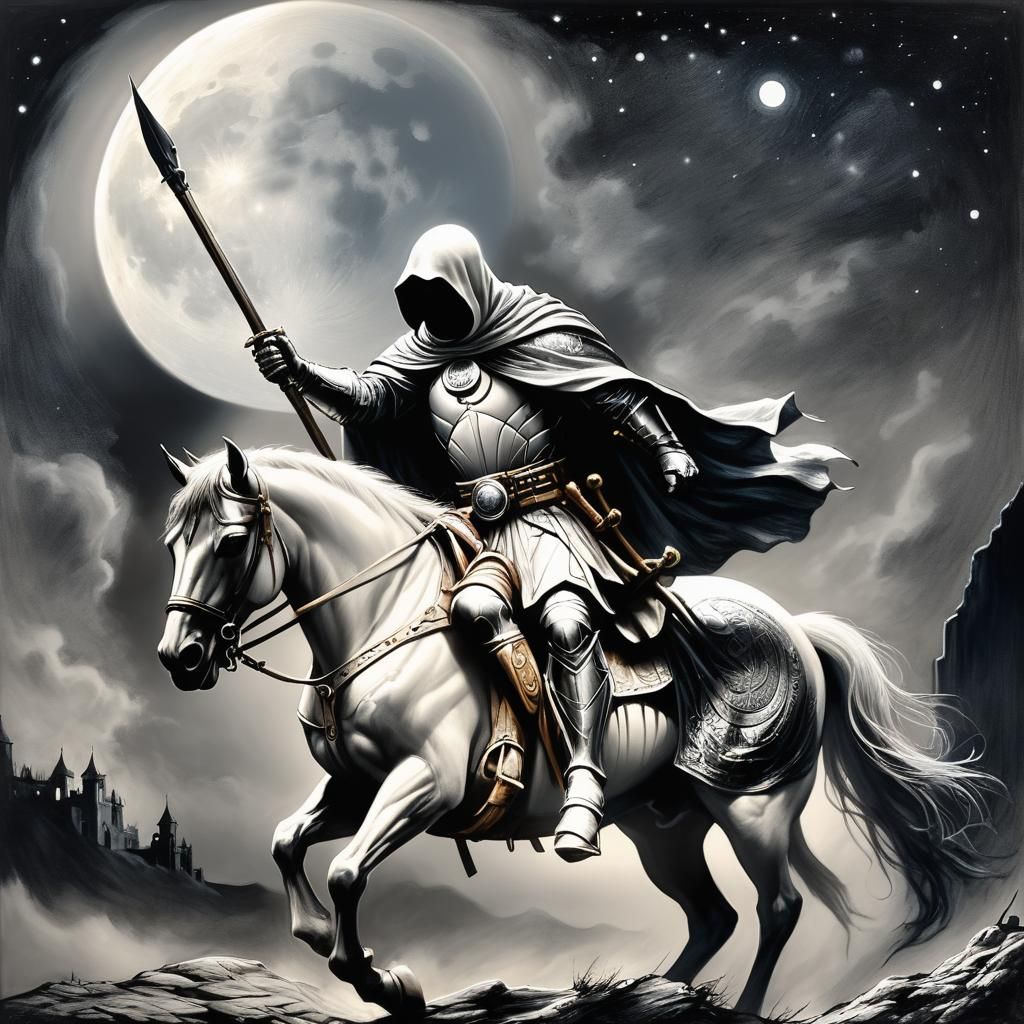 Hyperdetailed Charcoal Drawing of Moon Knight on Horse