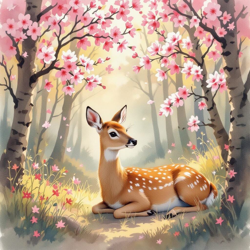 Deer in Cherry Blossom Forest: Watercolor Painting