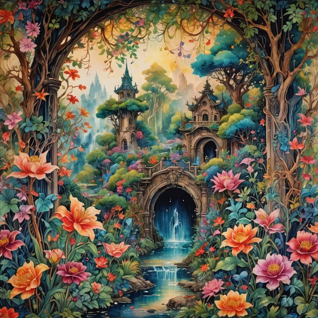 Enchanted Garden Portal in Dreamlike Ink