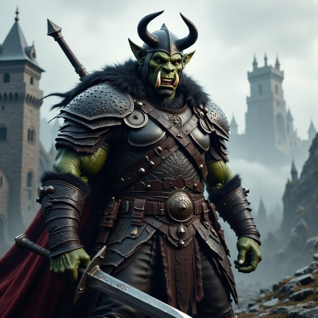 Muscular Orc Warlord in Scale Armor Outside Castle