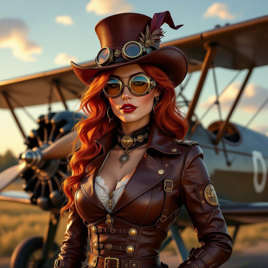 Steampunk Redhead Pilot and Biplane