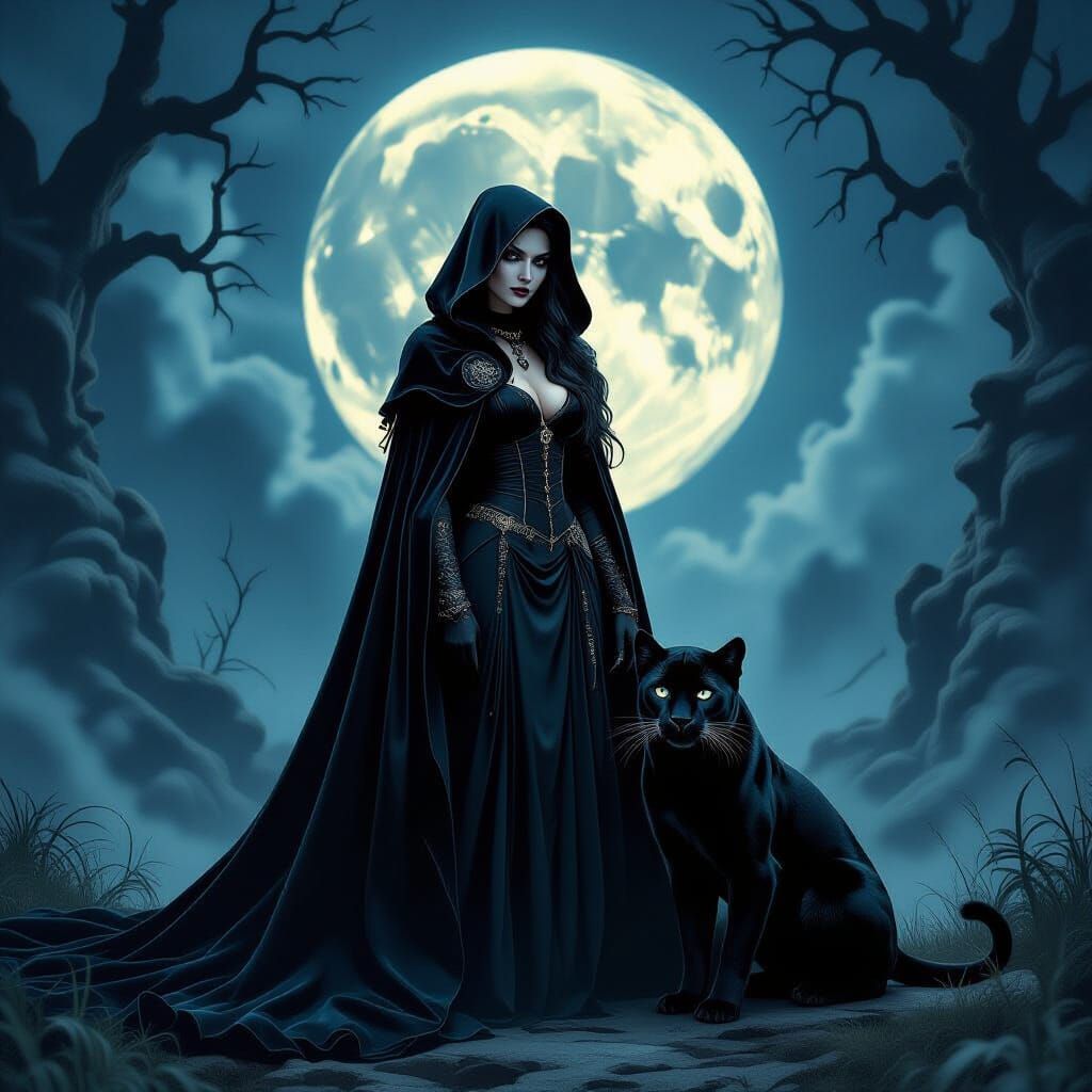 Gothic Queen with Panther in Moonlit Scene
