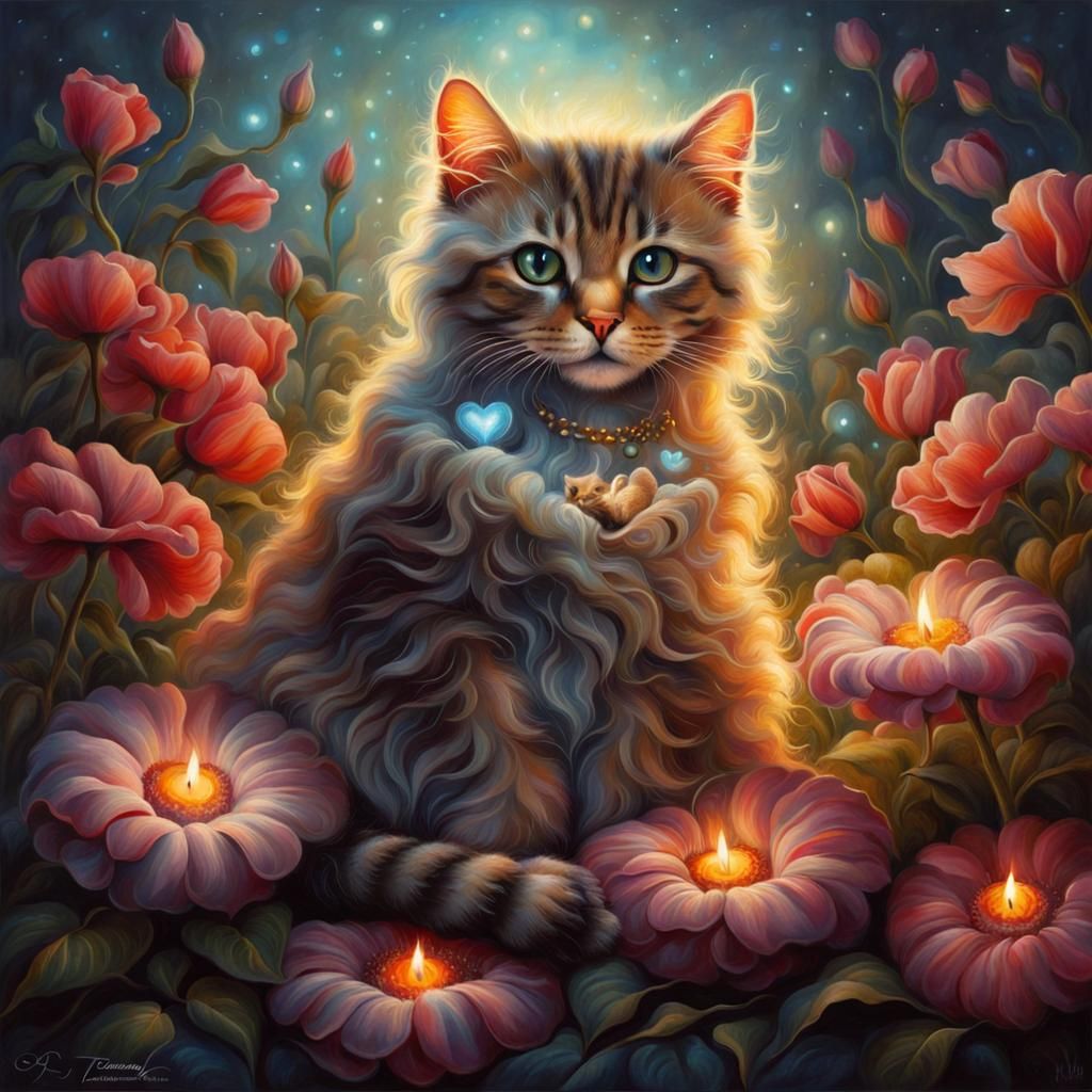 Cute Cat with Flowers in Surrealist Style