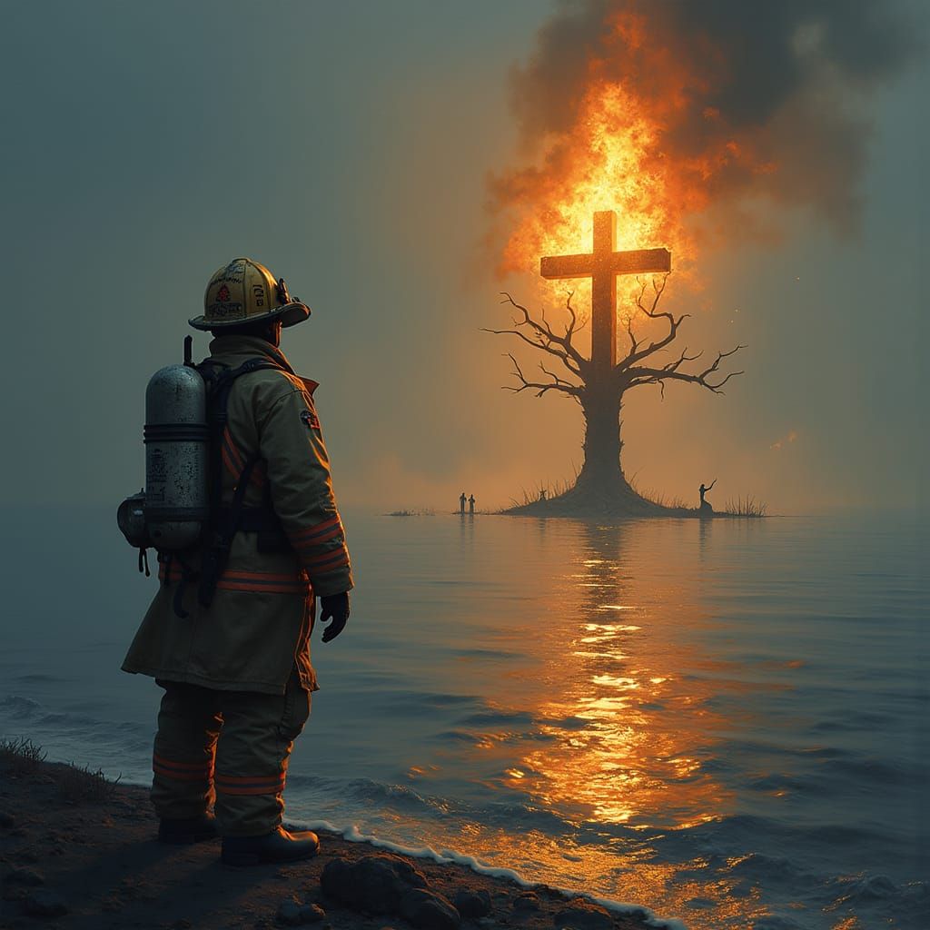 Firefighter Gazing at Fiery Cross: Fantastical Matte Paintin...
