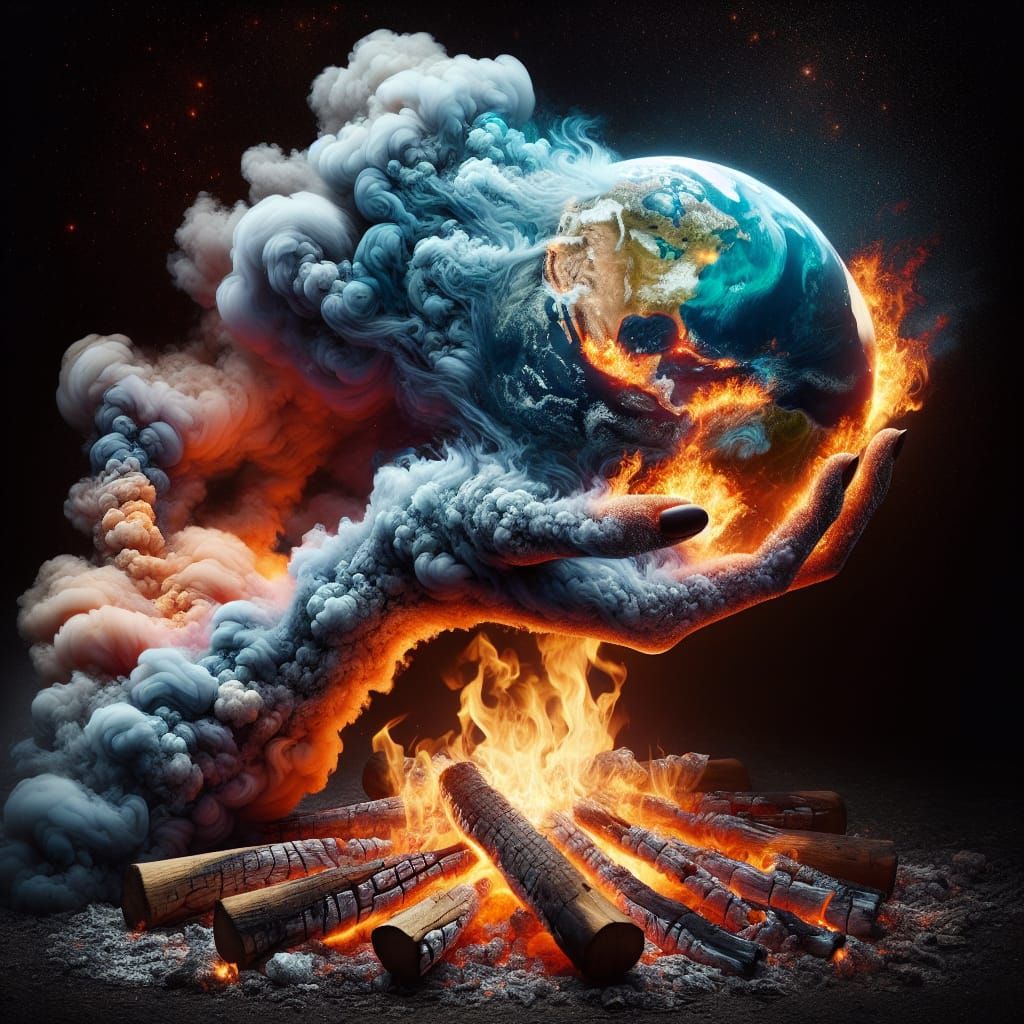 Fiery Hand Emerges Holding Earth: Hyperrealistic Digital Art