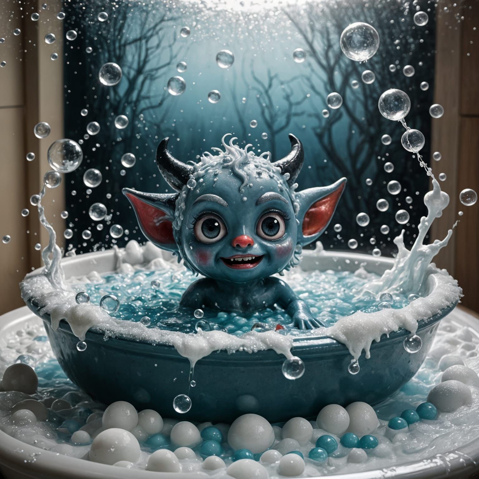 Charming Devil Playing in a Bubble Bath Reflection