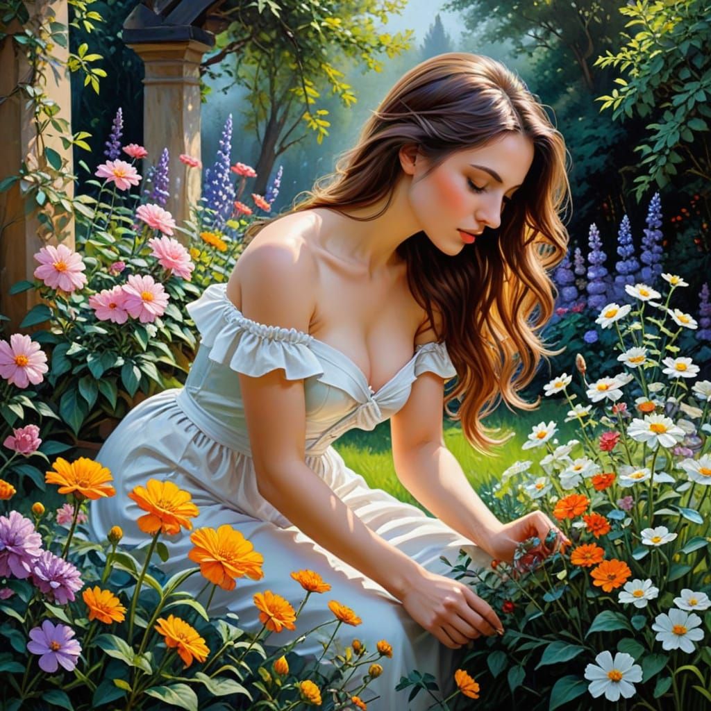 Woman Smelling Flowers in Impressionist Oil Painting