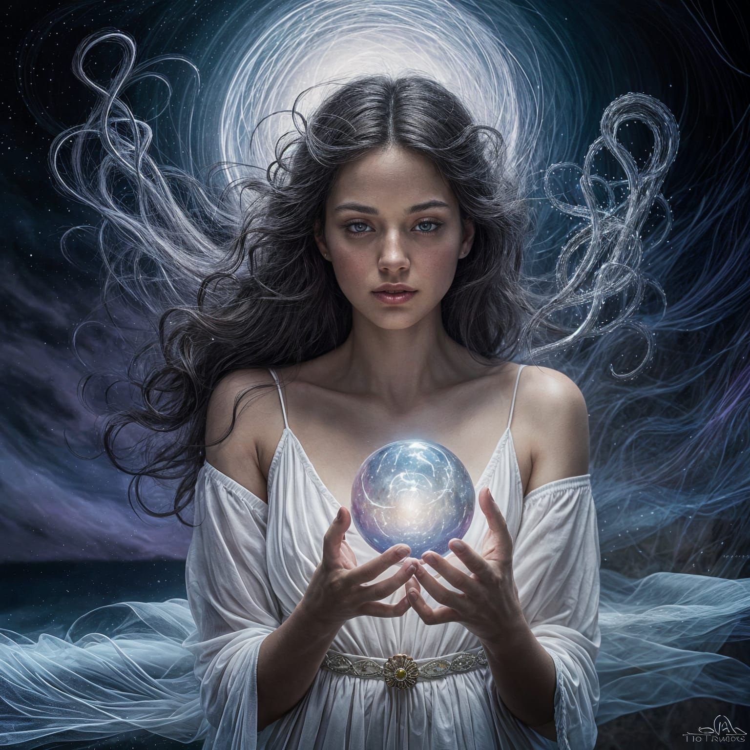 Mystical Woman with Orb on Ethereal Beach