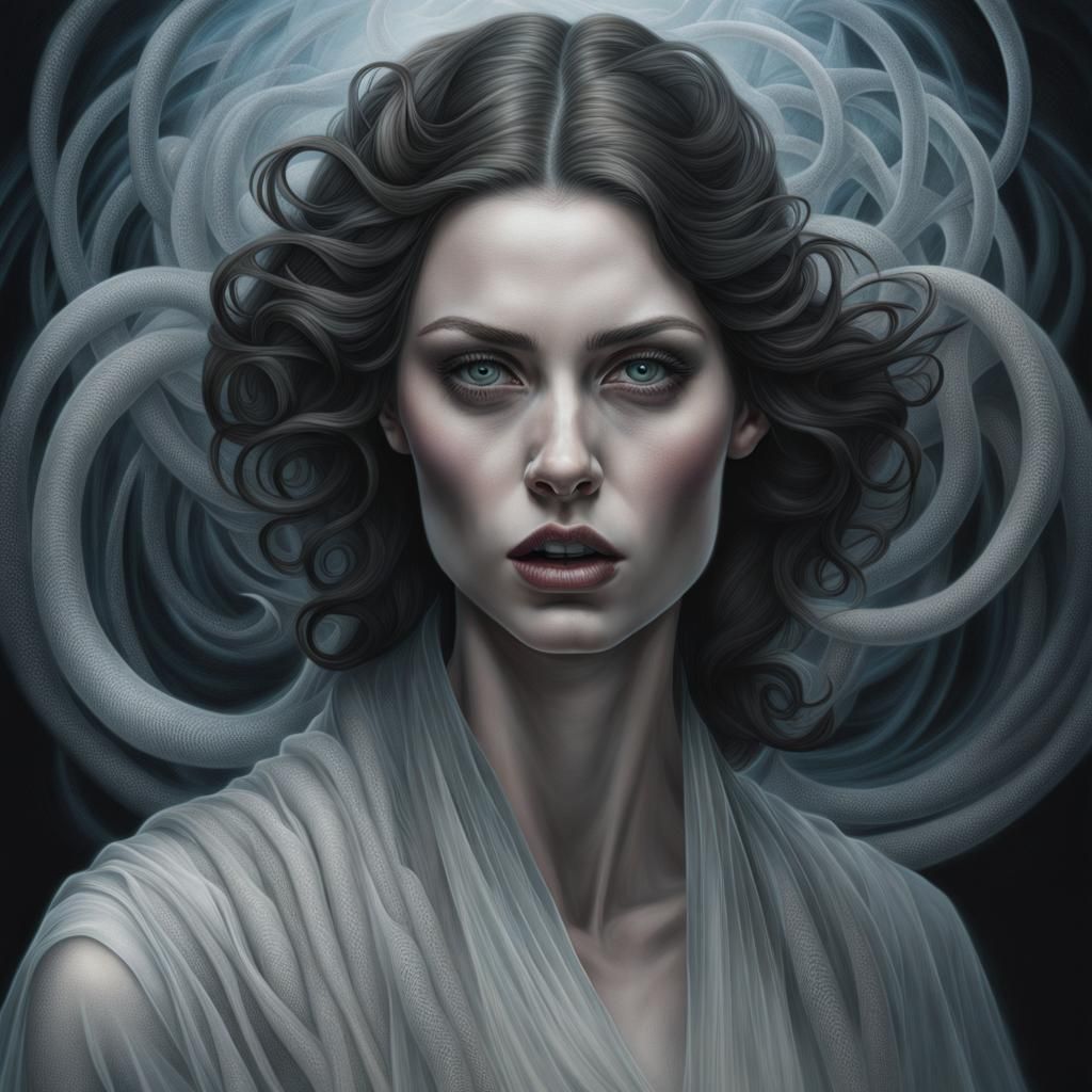 Ethereal Woman in Mist: Cyberpunk Horror Art