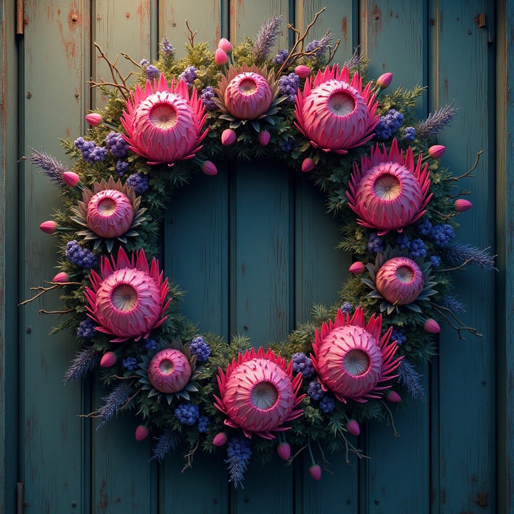 Vibrant Protea Wreath on a Rustic Barn Door in Dreamlike Sty...