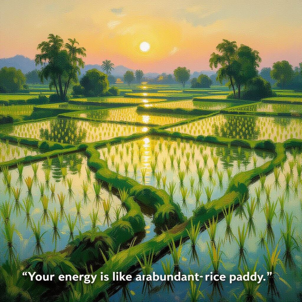 Serene Rice Paddy Landscape Painting at Dawn