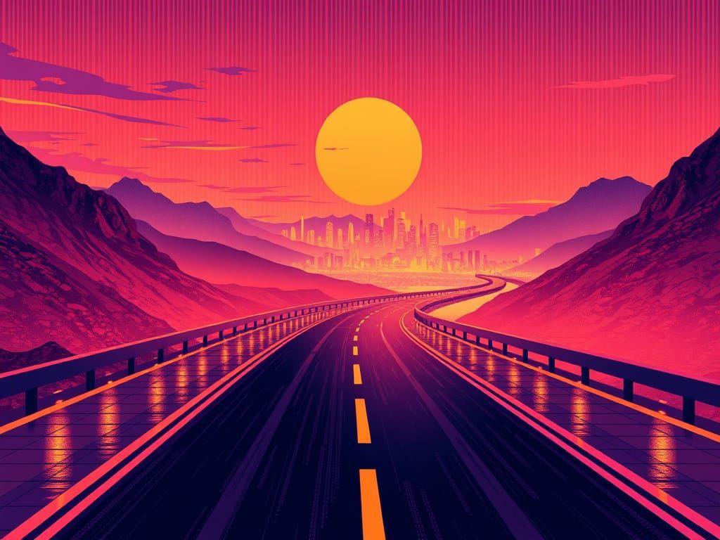 Synthwave Highway to Cyberpunk Cityscape