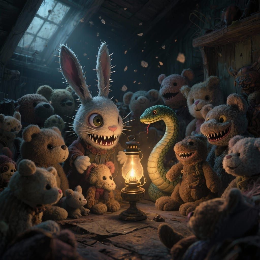 Creepy Stuffed Animals Gather Around Oil Lamp in Dark Attic