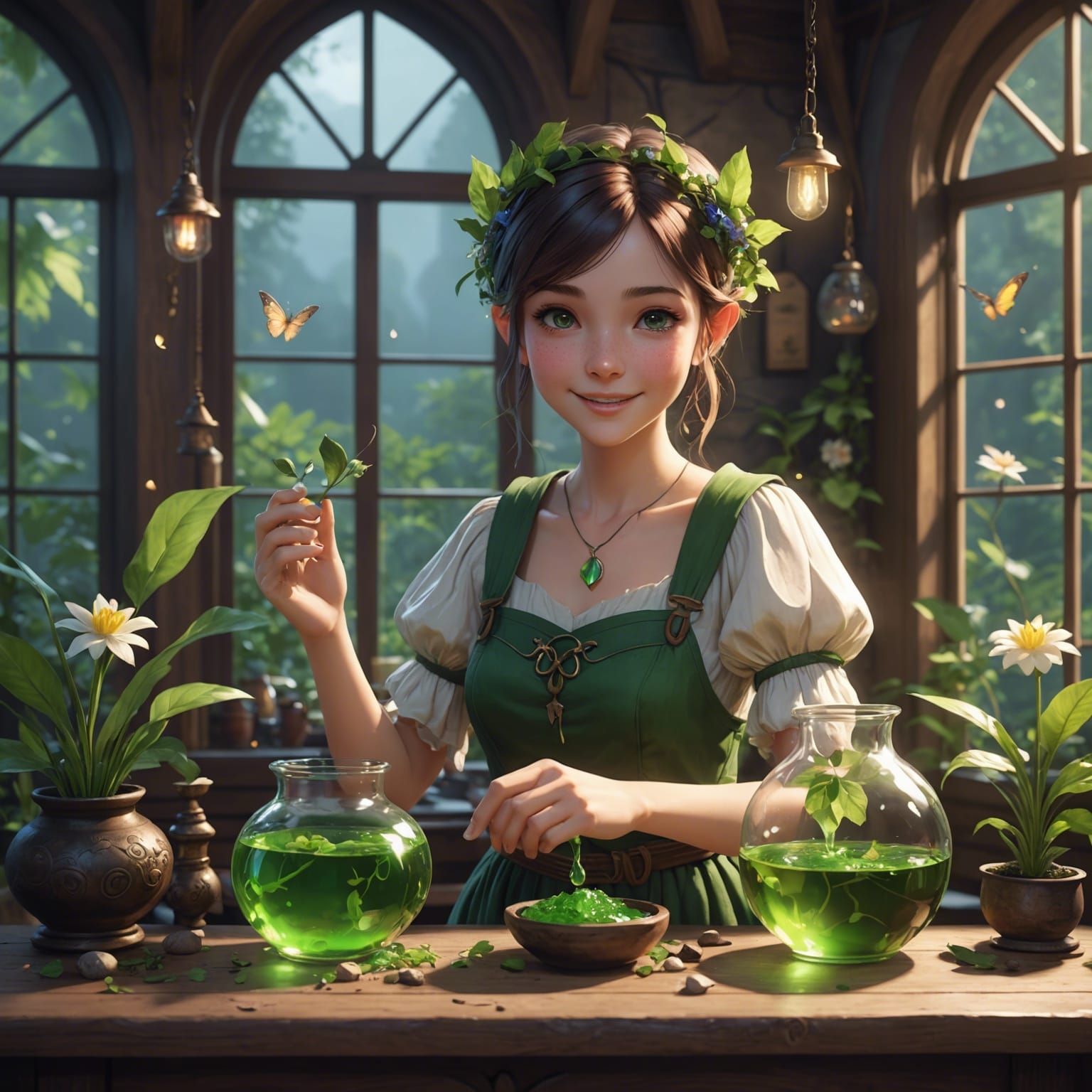 Smiling Fairy Brews Potion: Detailed 3D Anime Art
