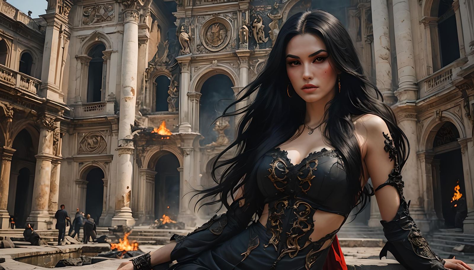 Italian Devil Girl Portrait in Burning Palace Style