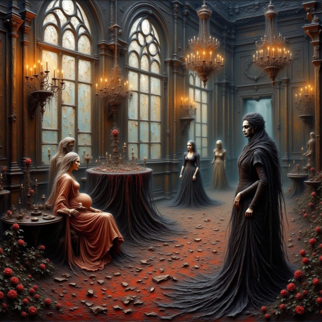 Empress Presides Over Spectral Court in Gothic Ballroom