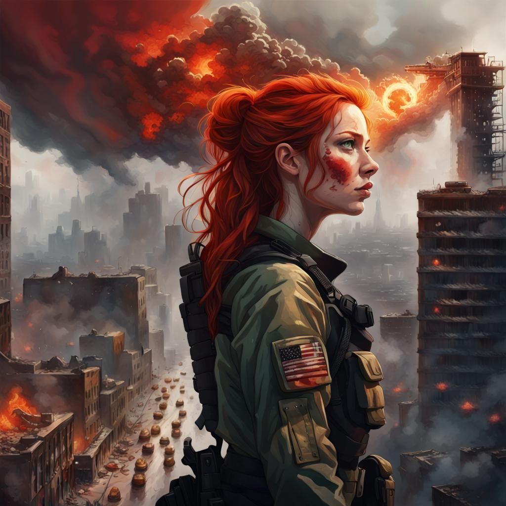 Woman Observes Burning City with Roses