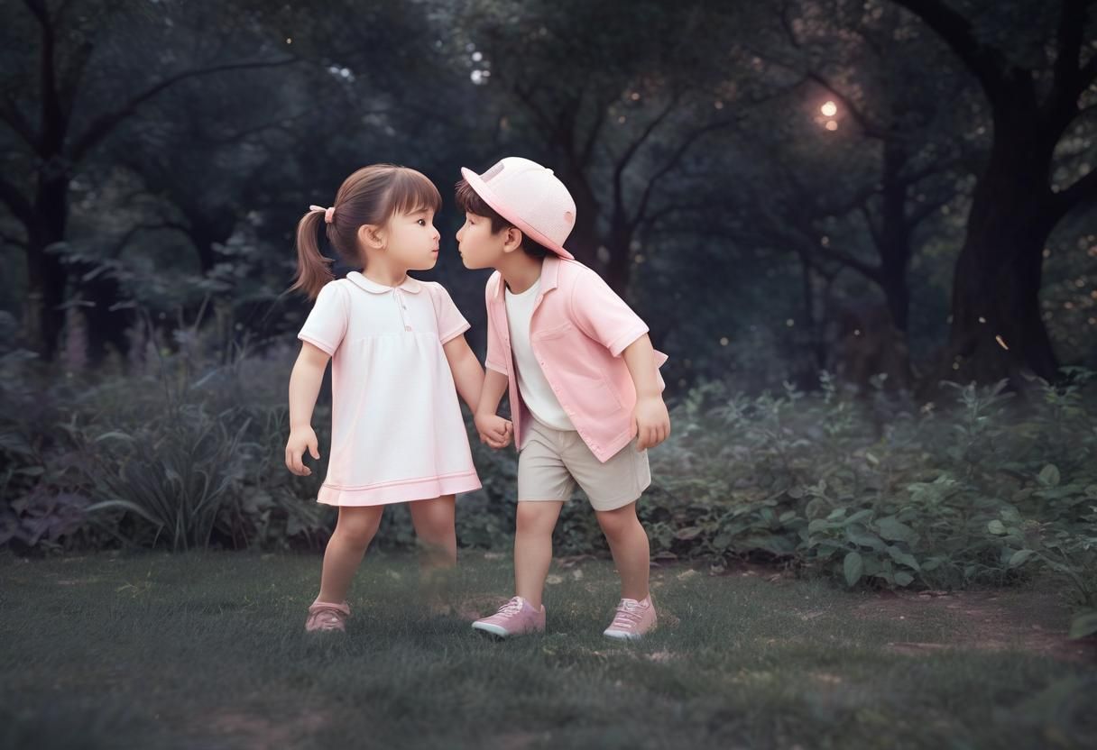 Toddlers Kissing: 3D Render with Bokeh