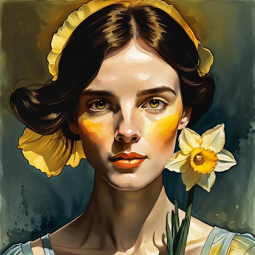 Daffodil Flower in Watercolour and Ink Illustration