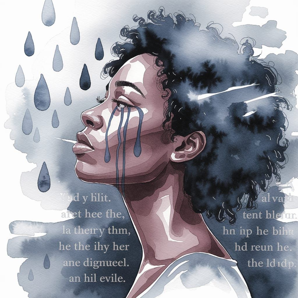 Melancholic Woman's Watercolor Portrait with Flowing Tears