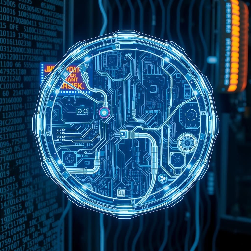 Cyberpunk Code Shield in Neon Blues and Whites