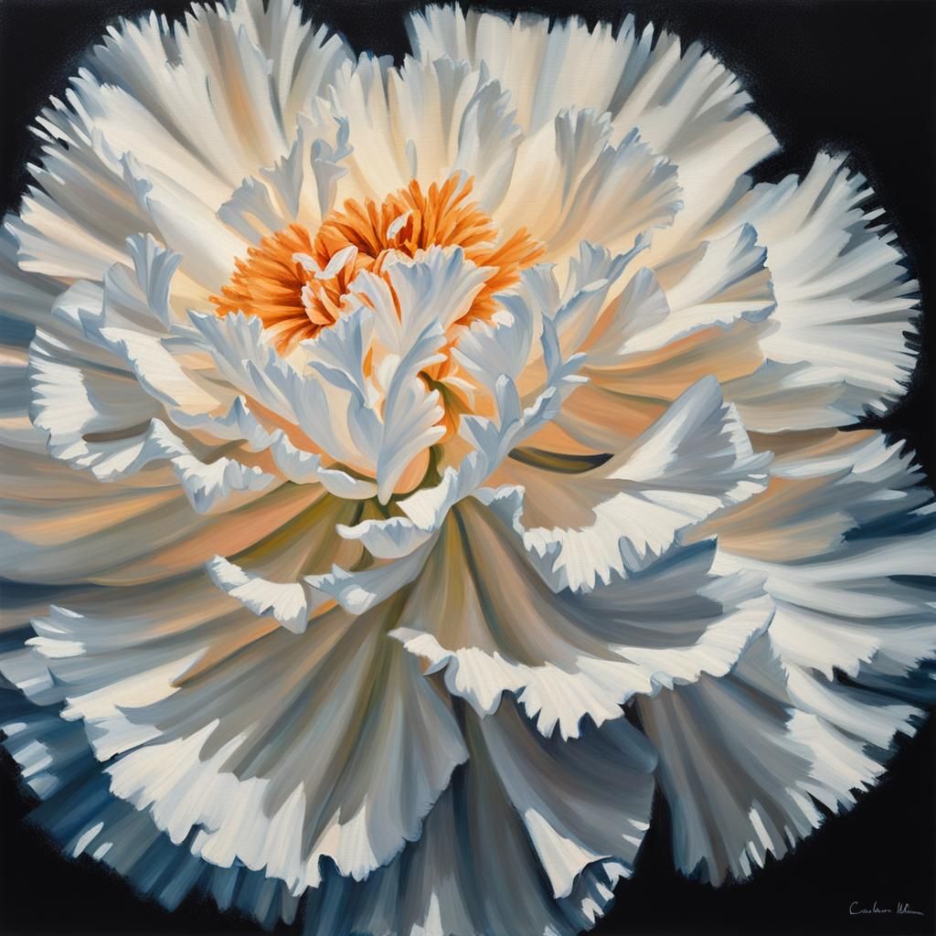 White Carnation Oil Painting with Blue-Gray Tips