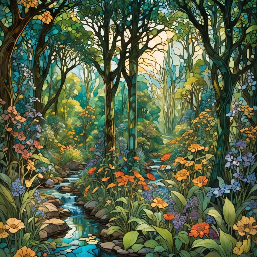 Luminous Forest Ecosystem in Art Nouveau Style