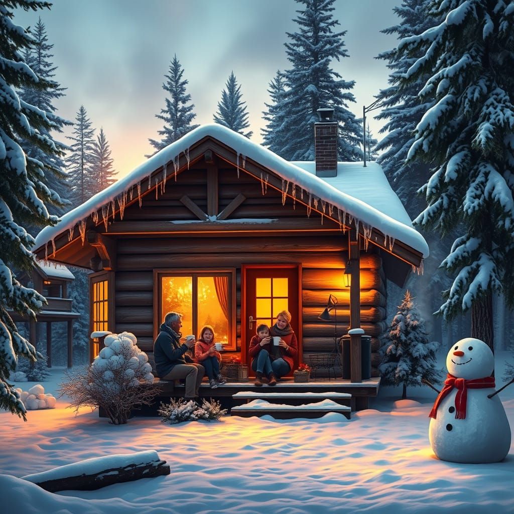 Serene Winter Wonderland Cabin Scene at Twilight