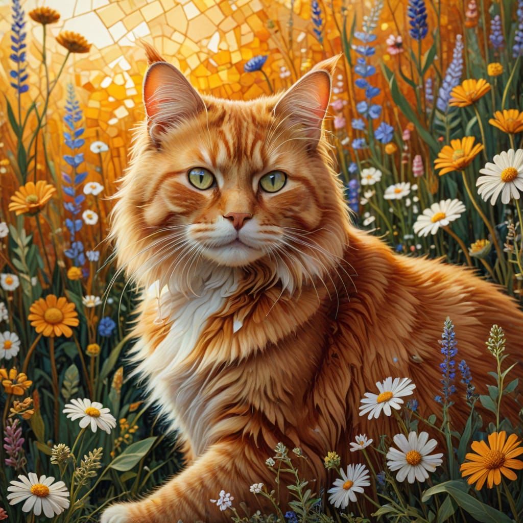Ginger Cat Among Wildflowers in Klimt Style