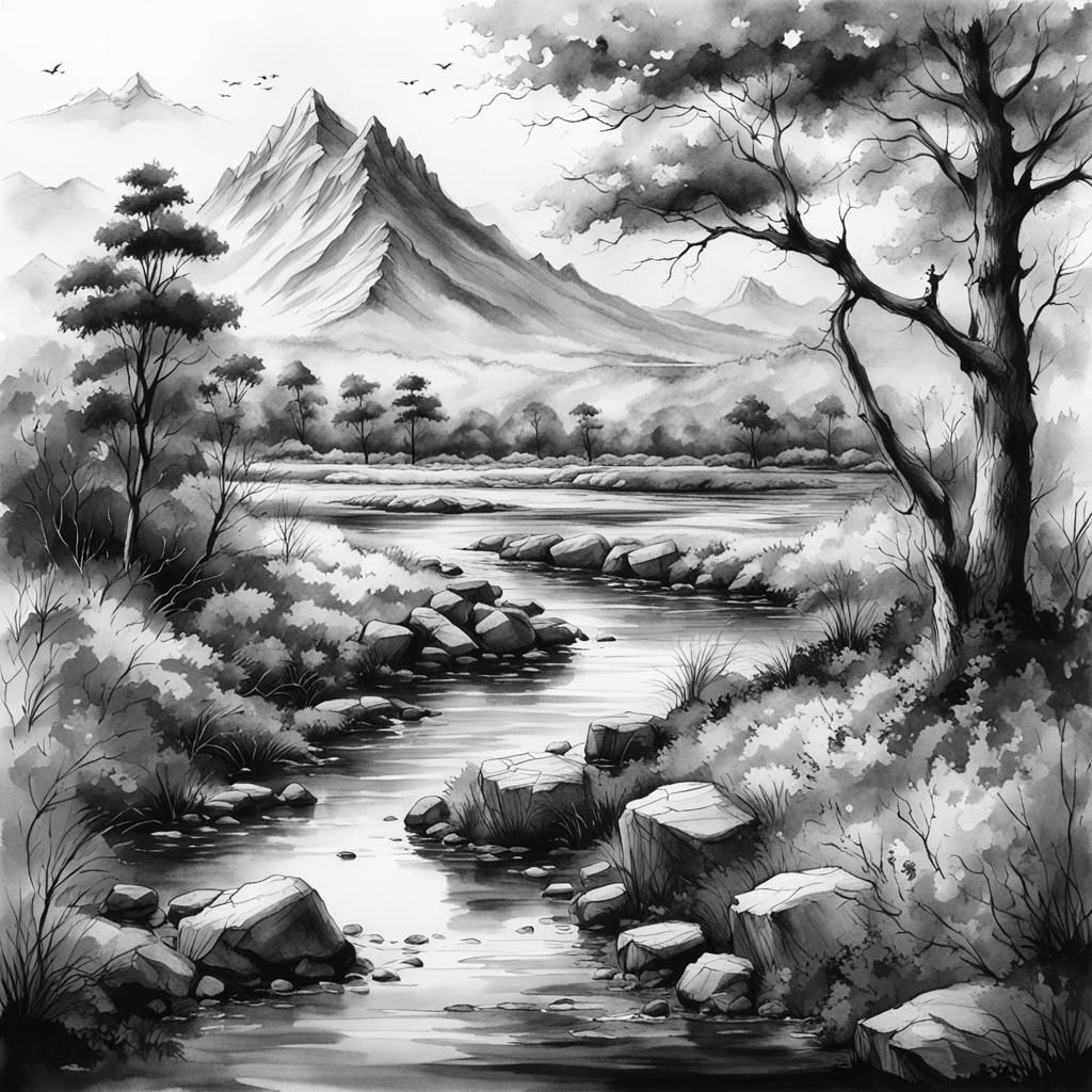 Hyper-Realistic Landscape Emerging from Ink Sketch