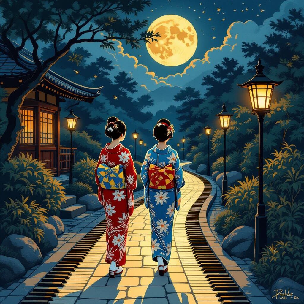 Japanese Garden Piano Key Pathway in Romantic Style