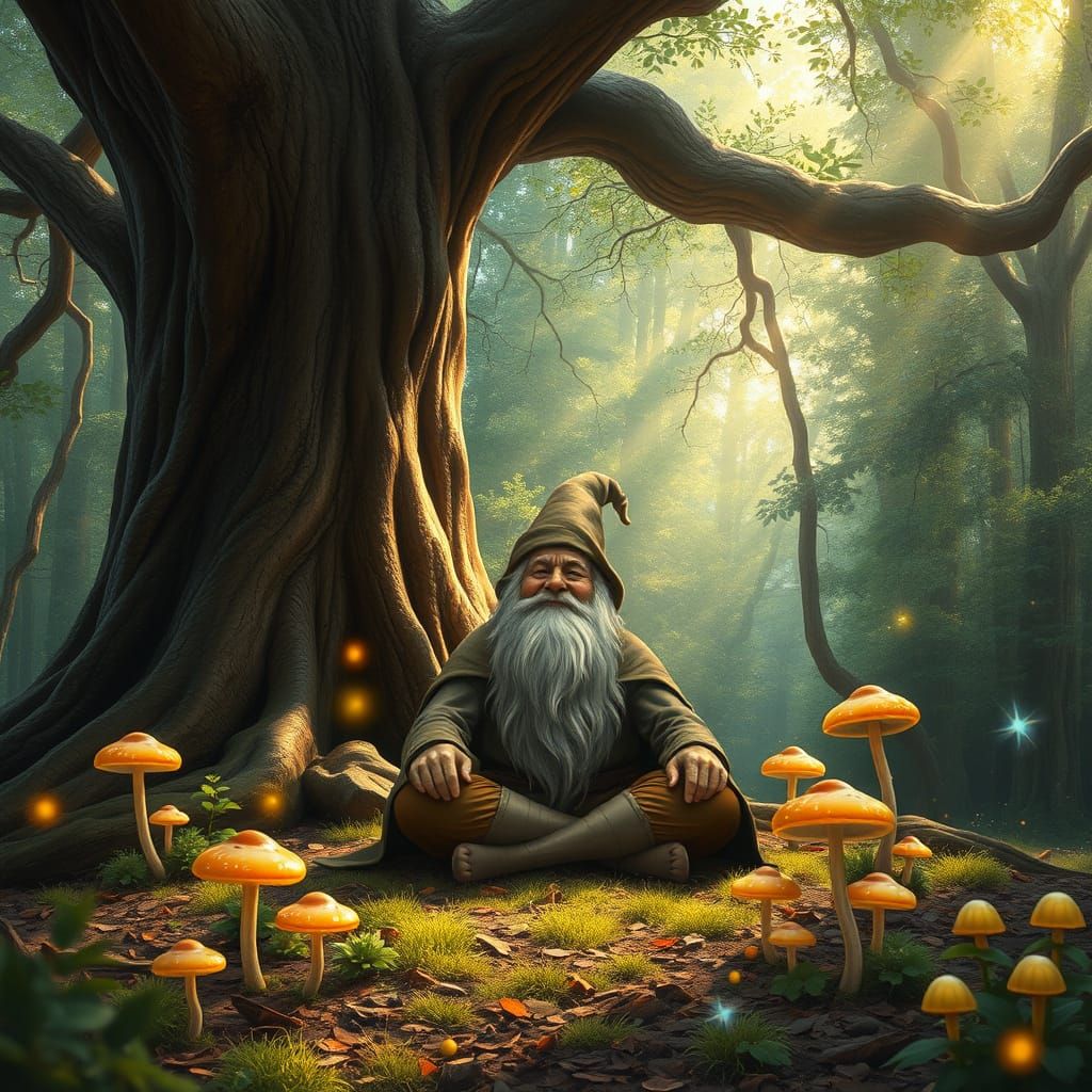 Gnome Meditation in Forest Clearing, Hyperrealistic Art