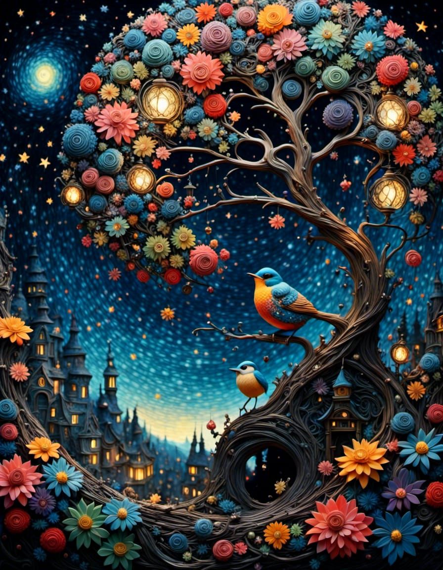 Colorful Bird in Starry Night: Detailed Art
