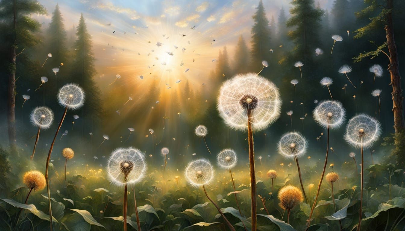 Dazzling Dandelion Seeds Soar Through Sunset Forest