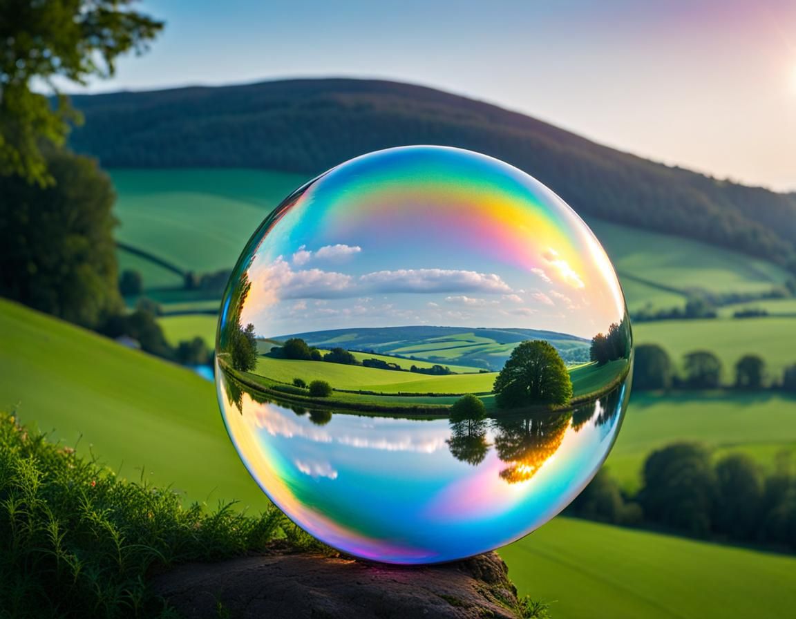 Iridescent Bubble Reflecting a Beautiful Countryside
