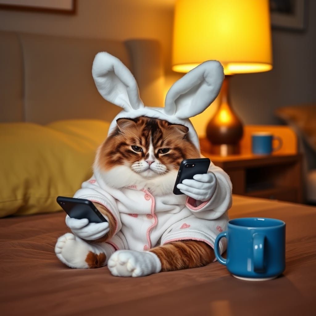 Calico Cat in Pajamas Using Phone, Photographic Style