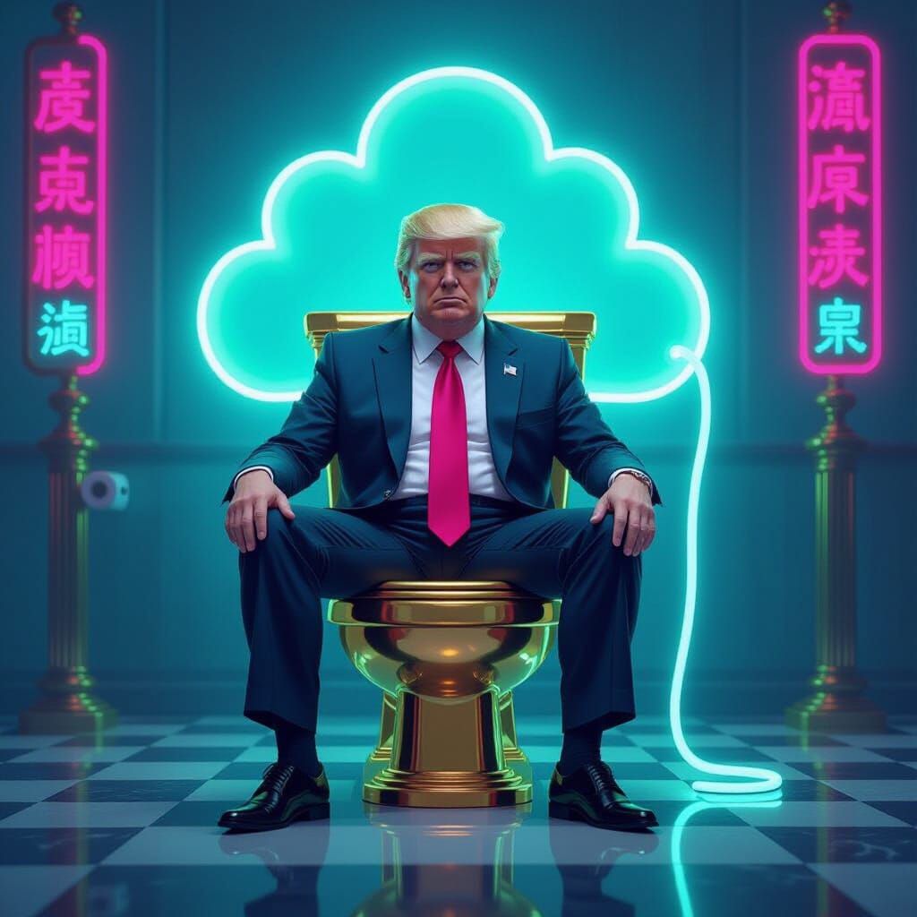 Satirical Caricature of Trump on Golden Toilet in Neon Glow
