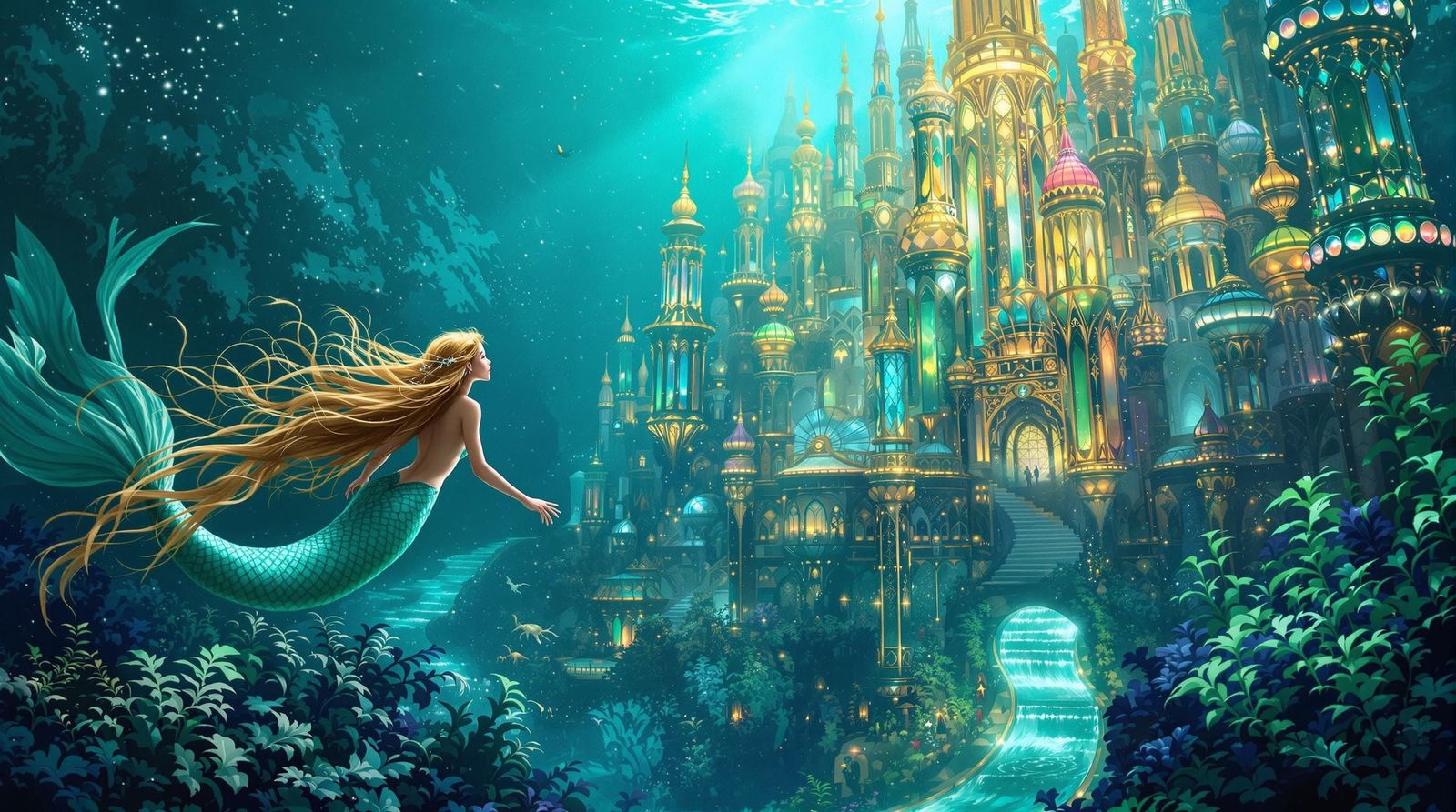 Majestic Mermaid in Iridescent Underwater Metropolis