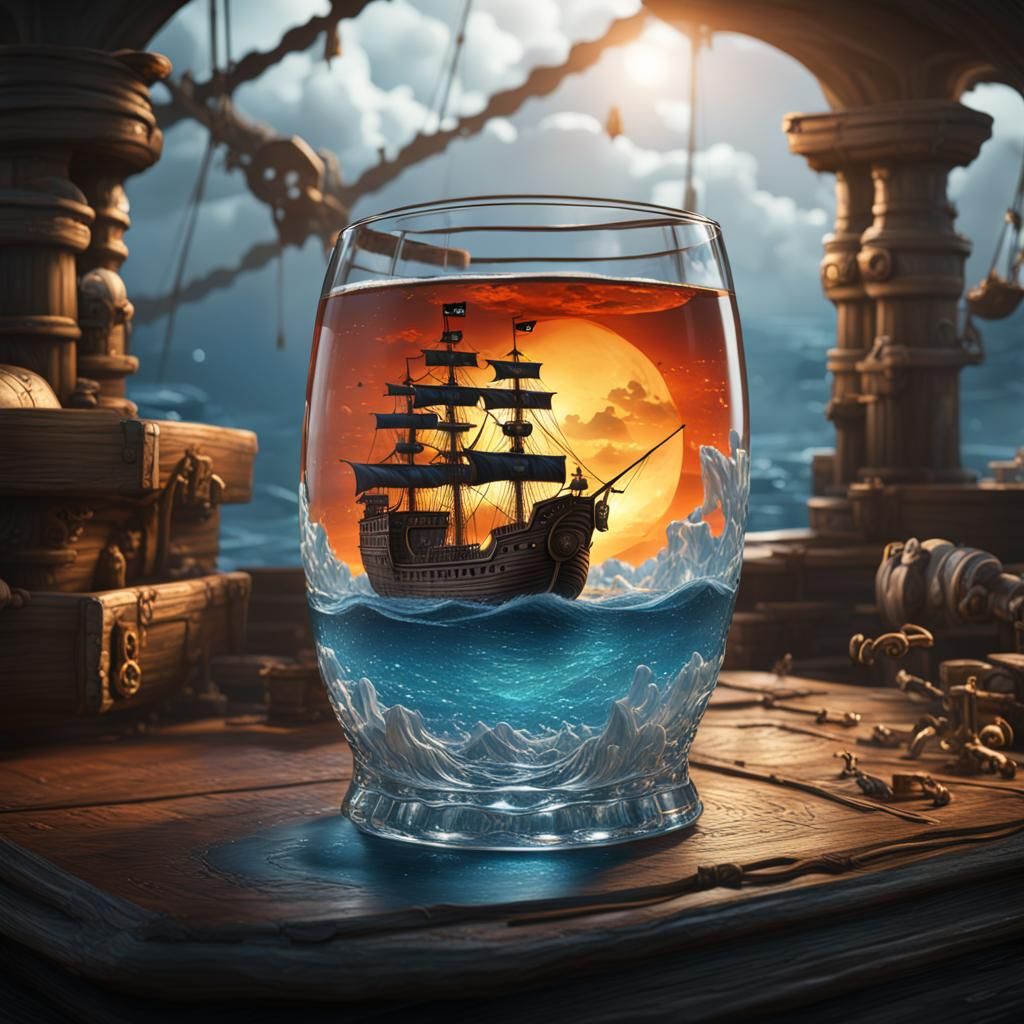 Pirate Ship in Glass: Detailed Matte Painting