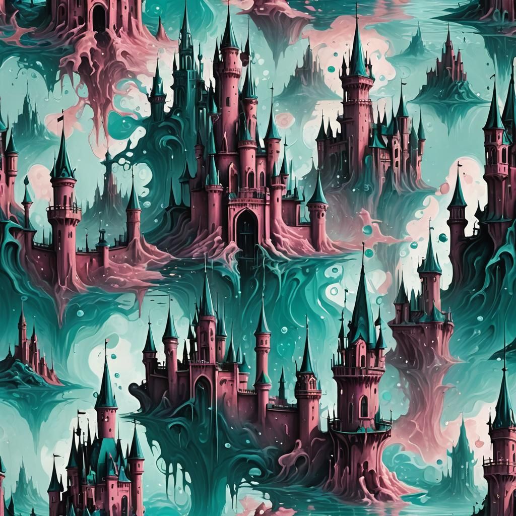 Surreal Castle Dissolves as Monster Emerges: Dreamlike Oil P...