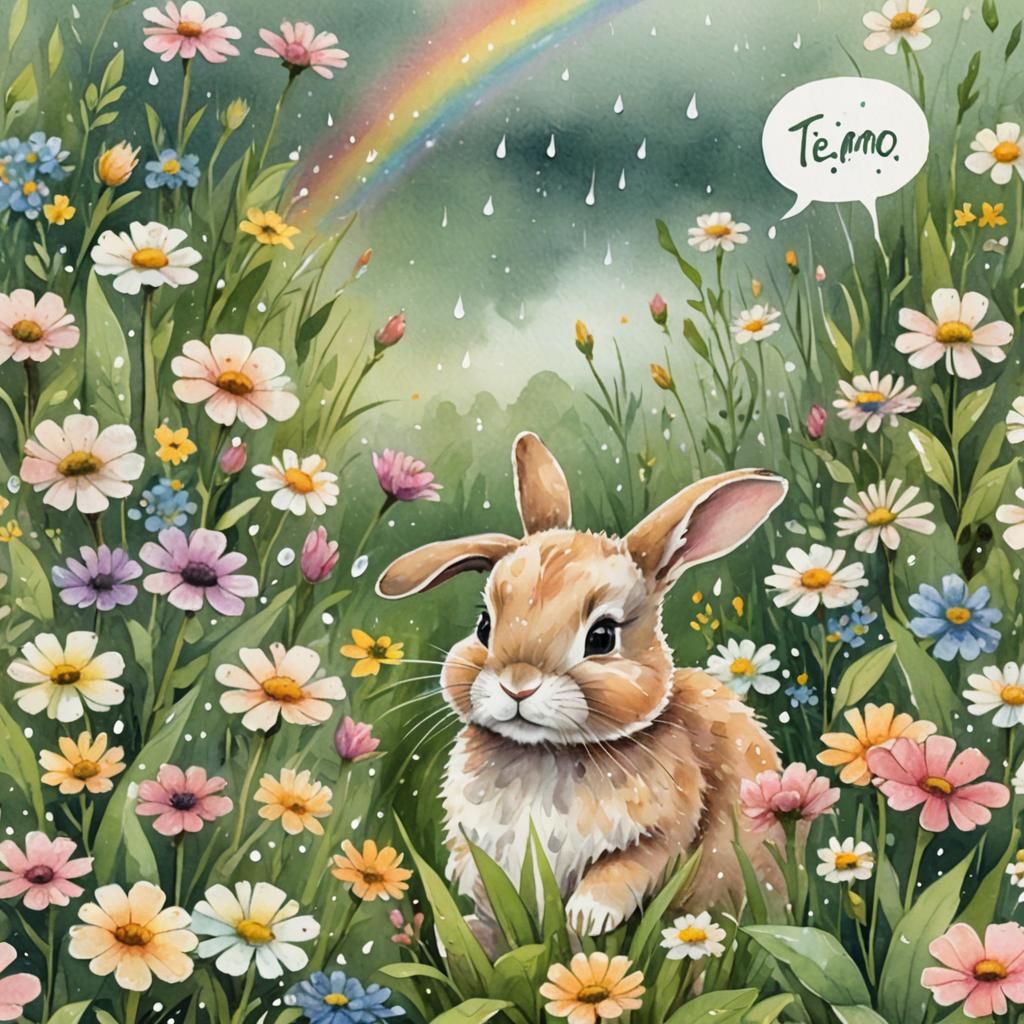 Baby Bunny in Flowers Watercolor Illustration