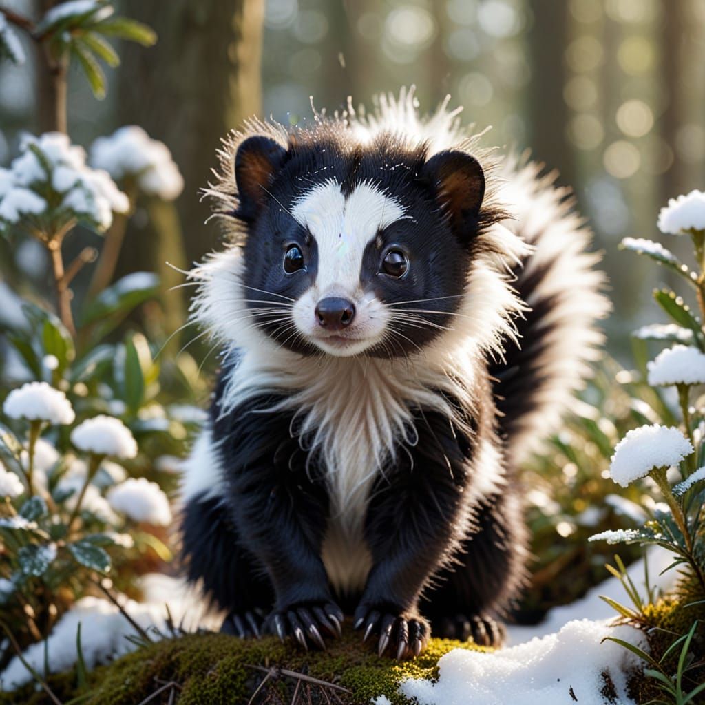 Adorable Christmas Skunk with Duckling in Winter Forest