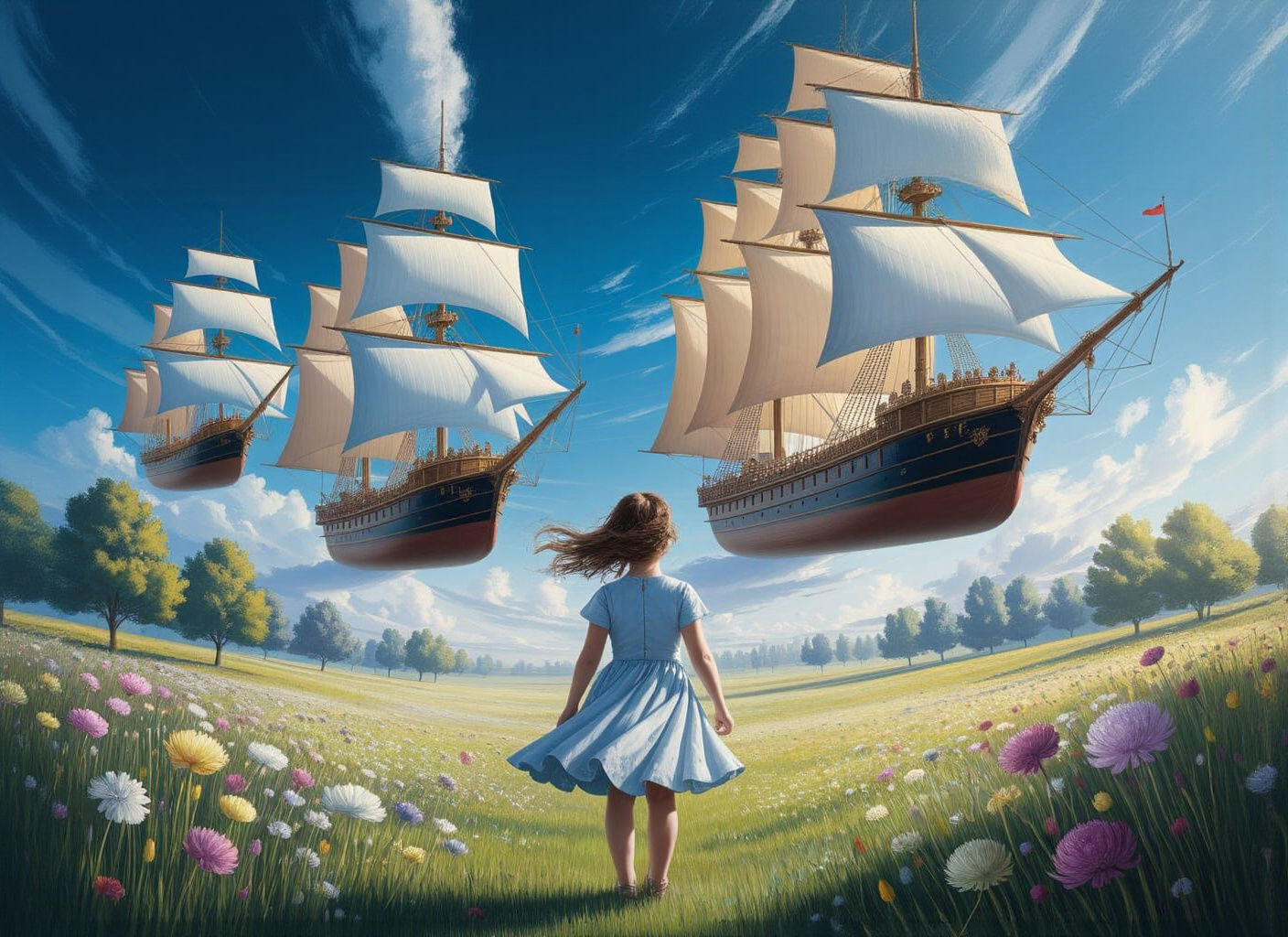 Girl Gazes at Imperial Fleet Above Flower Meadow